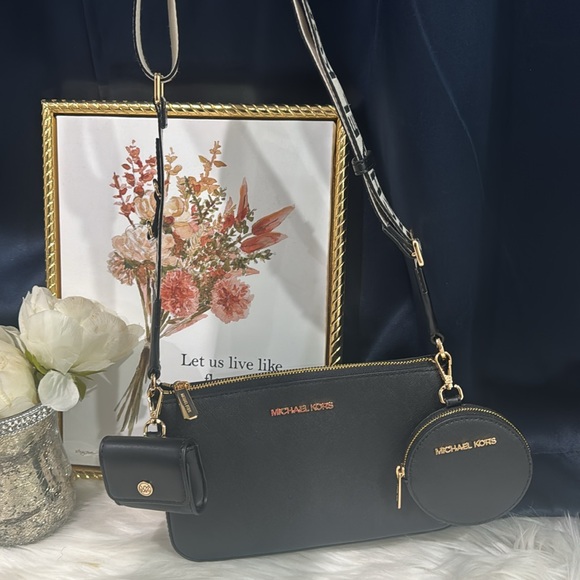 🖤Michael Kors Jet Set Black Leather Crossbody Tech Attachment Bag Wallet - Picture 8 of 12